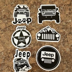 Six black and white jeep stickers